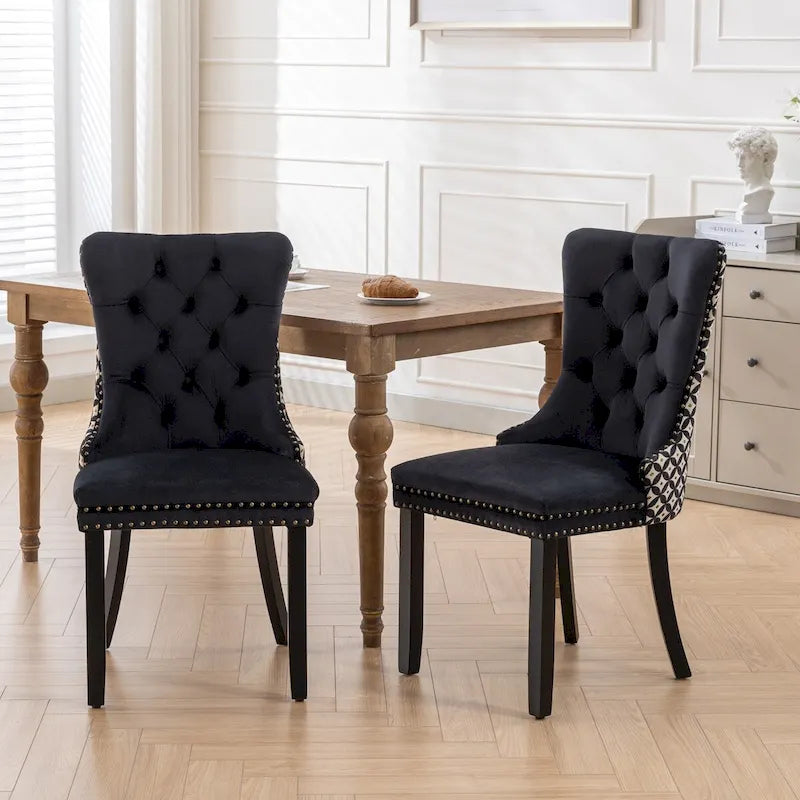 Ensemble de 2 chaises de salle à manger rembourrées en velours avec garniture cloutée et pieds en bois