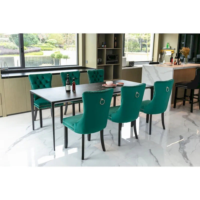 Ensemble de 2 chaises de salle à manger rembourrées en velours avec garniture cloutée et pieds en bois