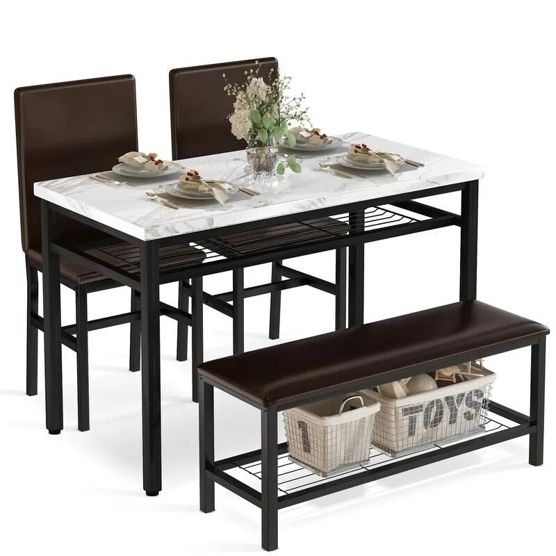 Ensemble de salle à manger moderne 4 pièces, table de cuisine en faux marbre avec banc et chaises en cuir PU pour la cuisine et la salle à manger