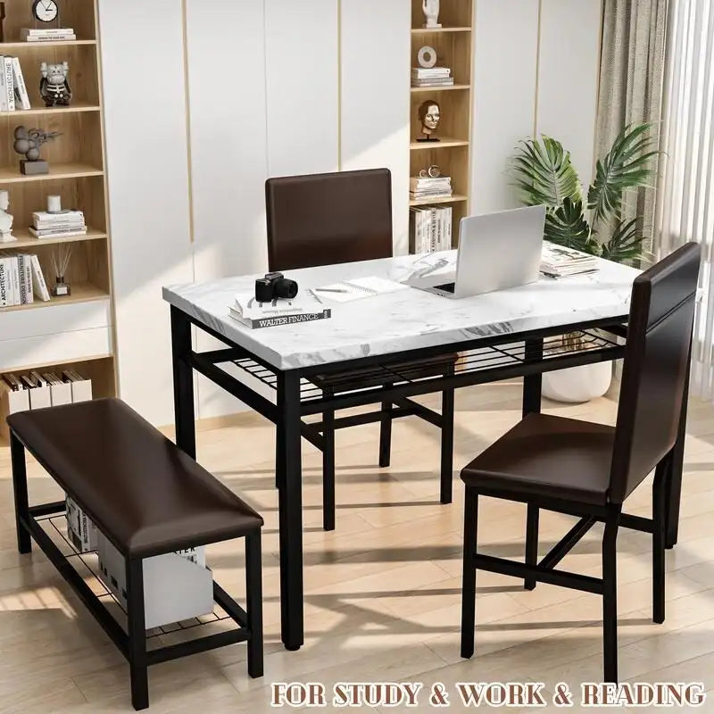 Ensemble de salle à manger moderne 4 pièces, table de cuisine en faux marbre avec banc et chaises en cuir PU pour la cuisine et la salle à manger