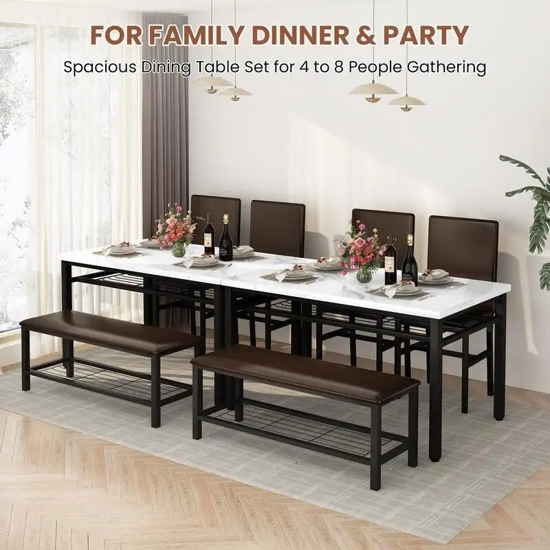 Ensemble de salle à manger moderne 4 pièces, table de cuisine en faux marbre avec banc et chaises en cuir PU pour la cuisine et la salle à manger