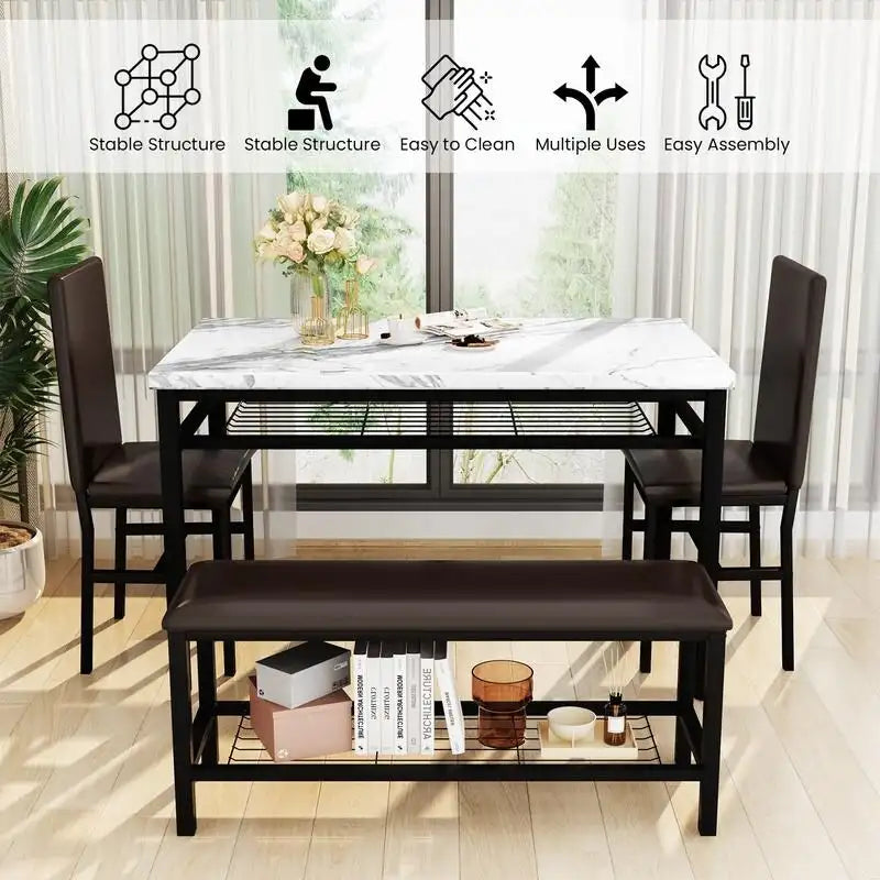 Ensemble de salle à manger moderne 4 pièces, table de cuisine en faux marbre avec banc et chaises en cuir PU pour la cuisine et la salle à manger