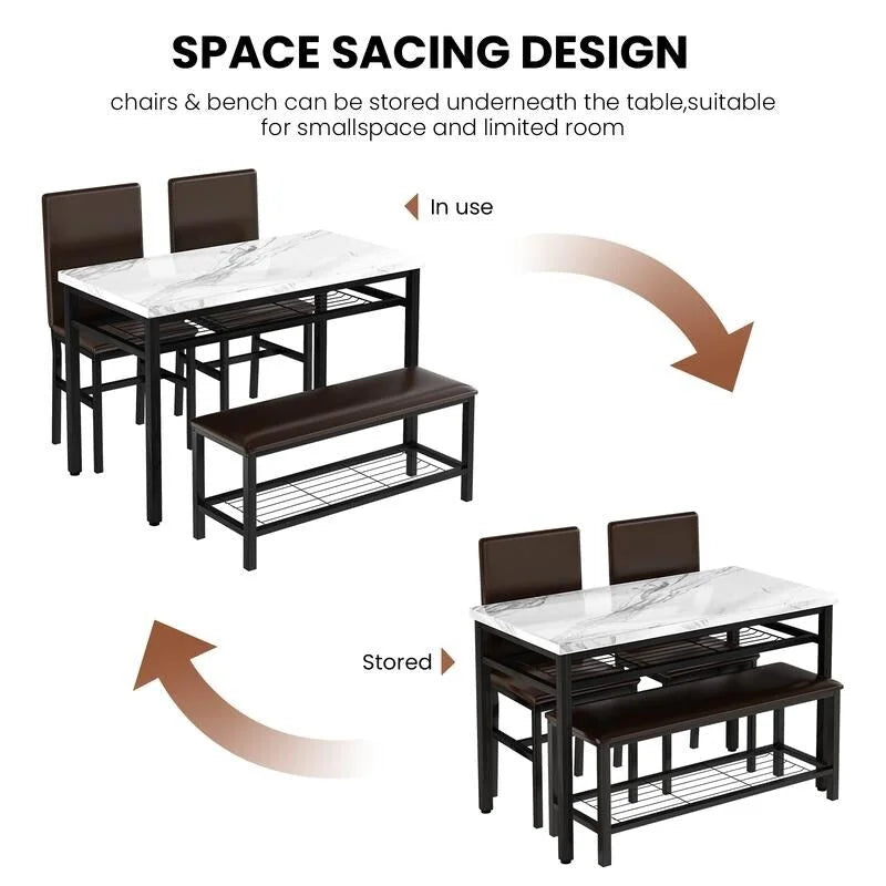 Ensemble de salle à manger moderne 4 pièces, table de cuisine en faux marbre avec banc et chaises en cuir PU pour la cuisine et la salle à manger