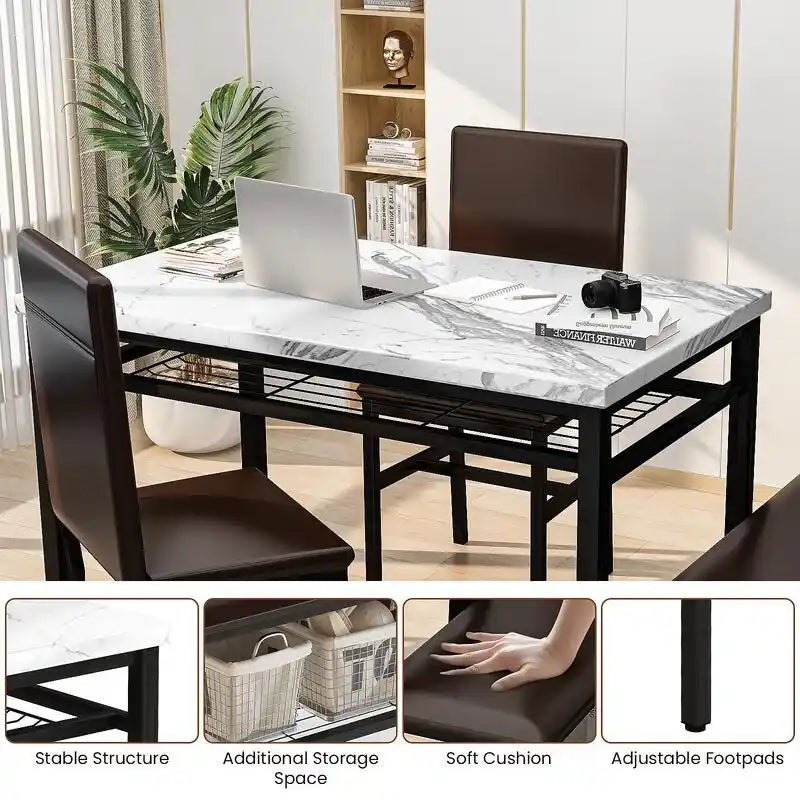Ensemble de salle à manger moderne 4 pièces, table de cuisine en faux marbre avec banc et chaises en cuir PU pour la cuisine et la salle à manger