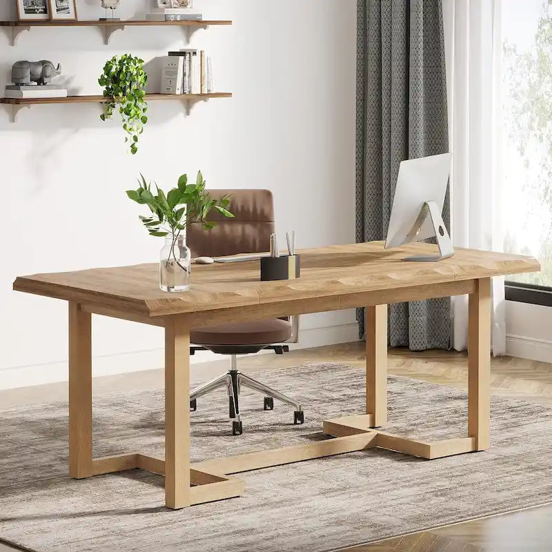 Bureau d'ordinateur de 160 cm (63 pouces), table d'écriture rectangulaire avec pieds en bois massif et plateau épais