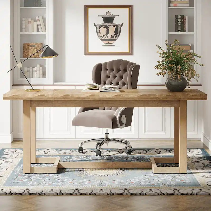 Bureau d'ordinateur de 160 cm (63 pouces), table d'écriture rectangulaire avec pieds en bois massif et plateau épais