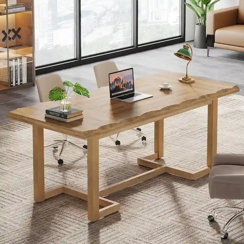 Bureau d'ordinateur de 160 cm (63 pouces), table d'écriture rectangulaire avec pieds en bois massif et plateau épais