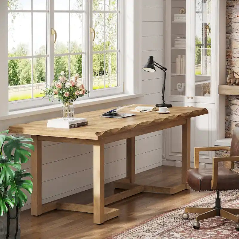 Bureau d'ordinateur de 160 cm (63 pouces), table d'écriture rectangulaire avec pieds en bois massif et plateau épais
