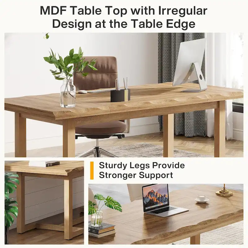 Bureau d'ordinateur de 160 cm (63 pouces), table d'écriture rectangulaire avec pieds en bois massif et plateau épais