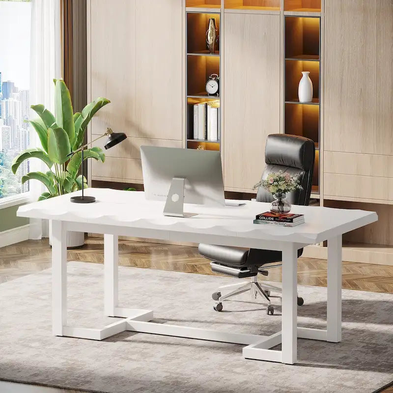 Bureau d'ordinateur de 160 cm (63 pouces), table d'écriture rectangulaire avec pieds en bois massif et plateau épais