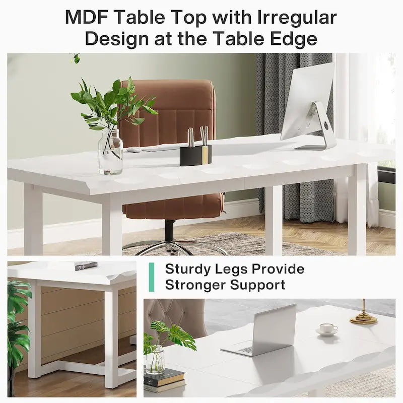 Bureau d'ordinateur de 160 cm (63 pouces), table d'écriture rectangulaire avec pieds en bois massif et plateau épais