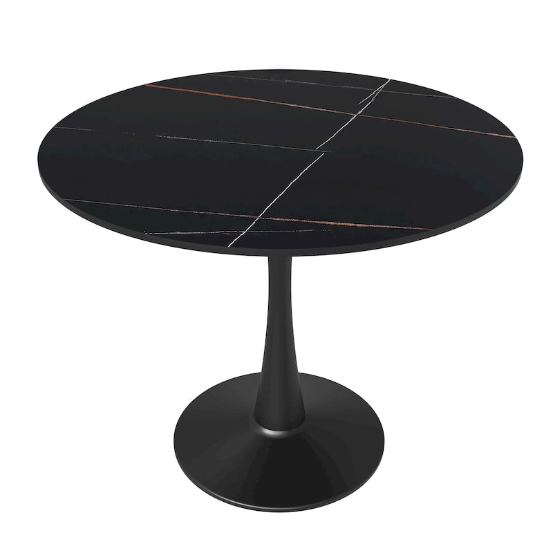 Table de salle à manger ronde Bristol 35 pour 4 personnes avec plateau en pierre frittée et piètement noir, idéale pour la cuisine et la salle à manger.
