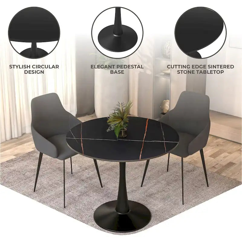 Table de salle à manger ronde Bristol 35 pour 4 personnes avec plateau en pierre frittée et piètement noir, idéale pour la cuisine et la salle à manger.