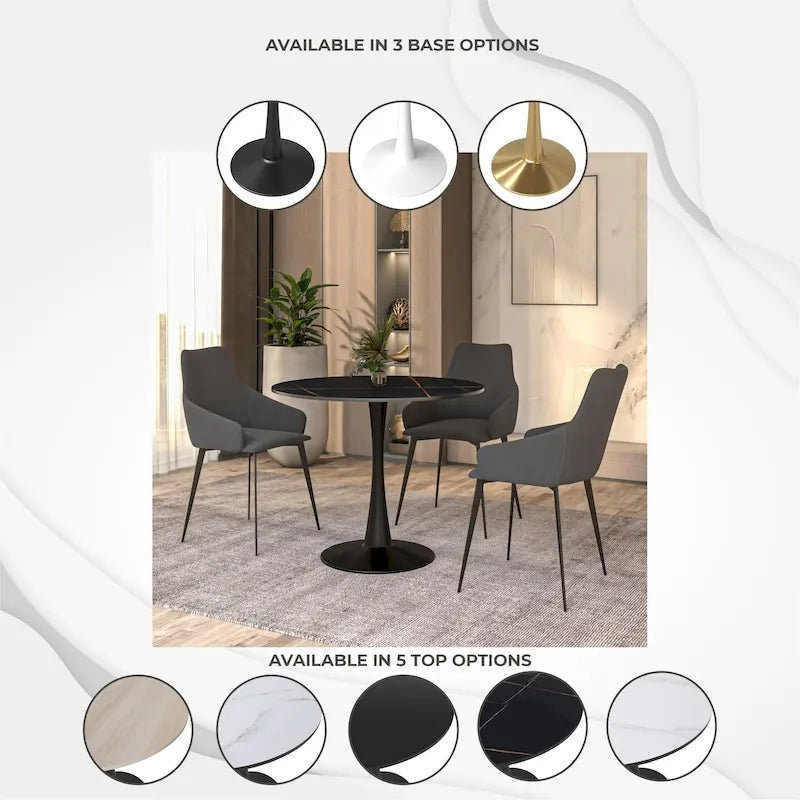 Table de salle à manger ronde Bristol 35 pour 4 personnes avec plateau en pierre frittée et piètement noir, idéale pour la cuisine et la salle à manger.