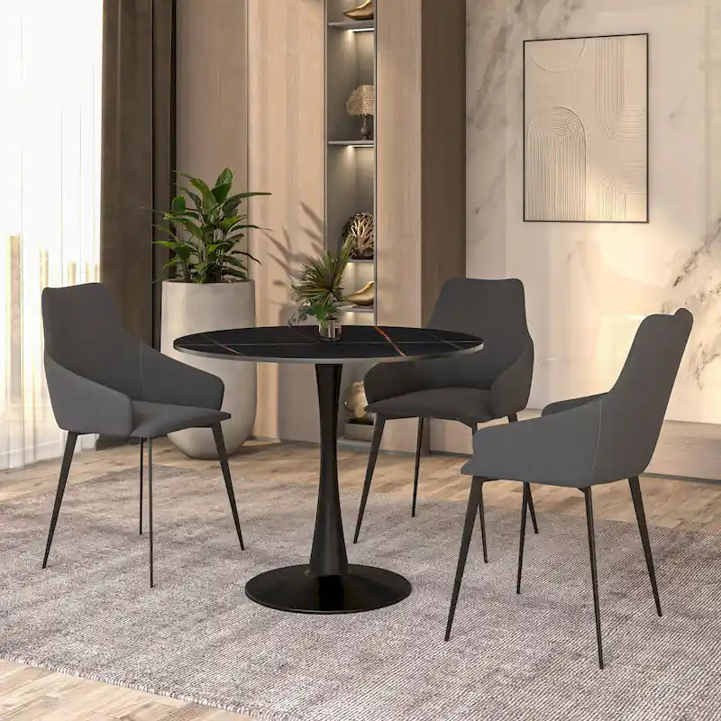 Table de salle à manger ronde Bristol 35 pour 4 personnes avec plateau en pierre frittée et piètement noir, idéale pour la cuisine et la salle à manger.