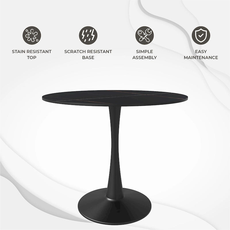 Table de salle à manger ronde Bristol 35 pour 4 personnes avec plateau en pierre frittée et piètement noir, idéale pour la cuisine et la salle à manger.