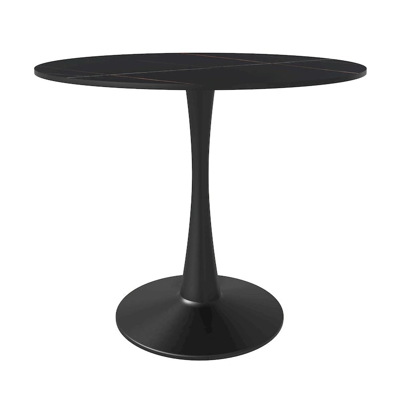 Table de salle à manger ronde Bristol 35 pour 4 personnes avec plateau en pierre frittée et piètement noir, idéale pour la cuisine et la salle à manger.