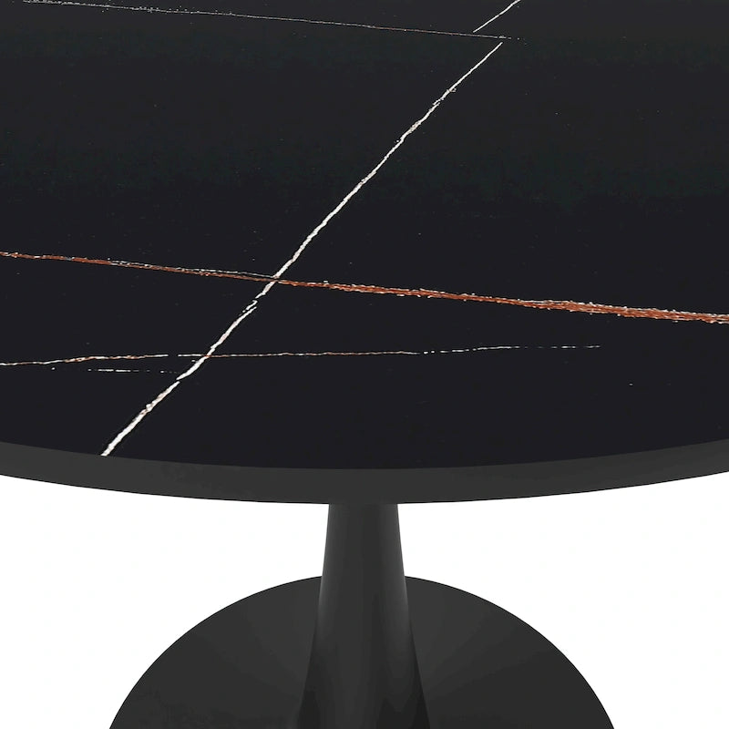Table de salle à manger ronde Bristol 35 pour 4 personnes avec plateau en pierre frittée et piètement noir, idéale pour la cuisine et la salle à manger.