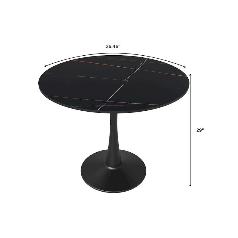 Table de salle à manger ronde Bristol 35 pour 4 personnes avec plateau en pierre frittée et piètement noir, idéale pour la cuisine et la salle à manger.