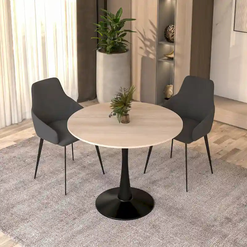 Table de salle à manger ronde Bristol 35 pour 4 personnes avec plateau en pierre frittée et piètement noir, idéale pour la cuisine et la salle à manger.