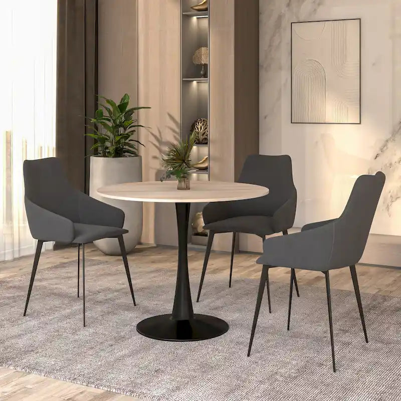 Table de salle à manger ronde Bristol 35 pour 4 personnes avec plateau en pierre frittée et piètement noir, idéale pour la cuisine et la salle à manger.