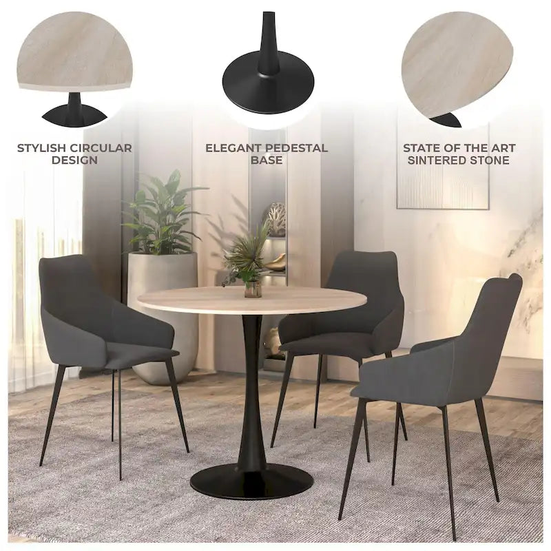 Table de salle à manger ronde Bristol 35 pour 4 personnes avec plateau en pierre frittée et piètement noir, idéale pour la cuisine et la salle à manger.