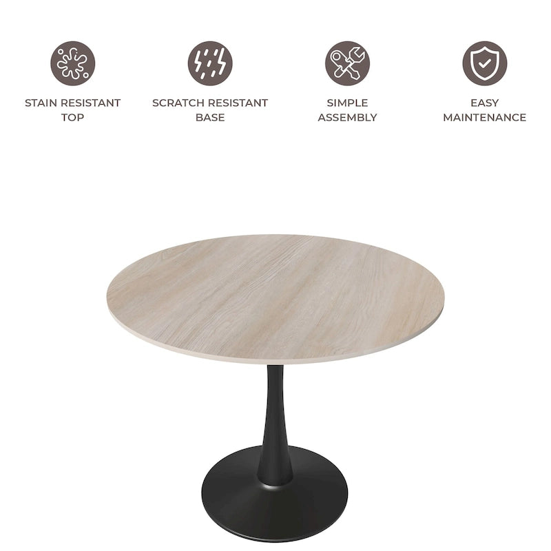 Table de salle à manger ronde Bristol 35 pour 4 personnes avec plateau en pierre frittée et piètement noir, idéale pour la cuisine et la salle à manger.