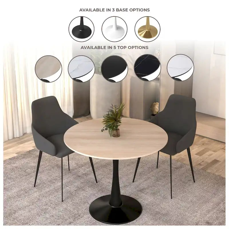 Table de salle à manger ronde Bristol 35 pour 4 personnes avec plateau en pierre frittée et piètement noir, idéale pour la cuisine et la salle à manger.