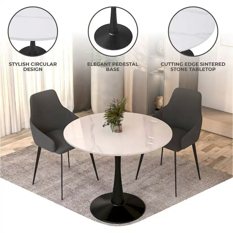 Table de salle à manger ronde Bristol 35 pour 4 personnes avec plateau en pierre frittée et piètement noir, idéale pour la cuisine et la salle à manger.