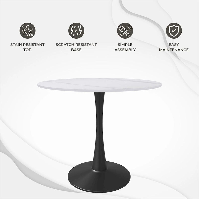 Table de salle à manger ronde Bristol 35 pour 4 personnes avec plateau en pierre frittée et piètement noir, idéale pour la cuisine et la salle à manger.