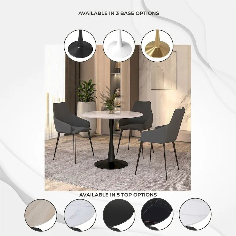 Table de salle à manger ronde Bristol 35 pour 4 personnes avec plateau en pierre frittée et piètement noir, idéale pour la cuisine et la salle à manger.
