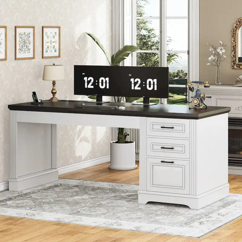 Bureau d'ordinateur de style campagnard avec armoire de rangement à tiroirs