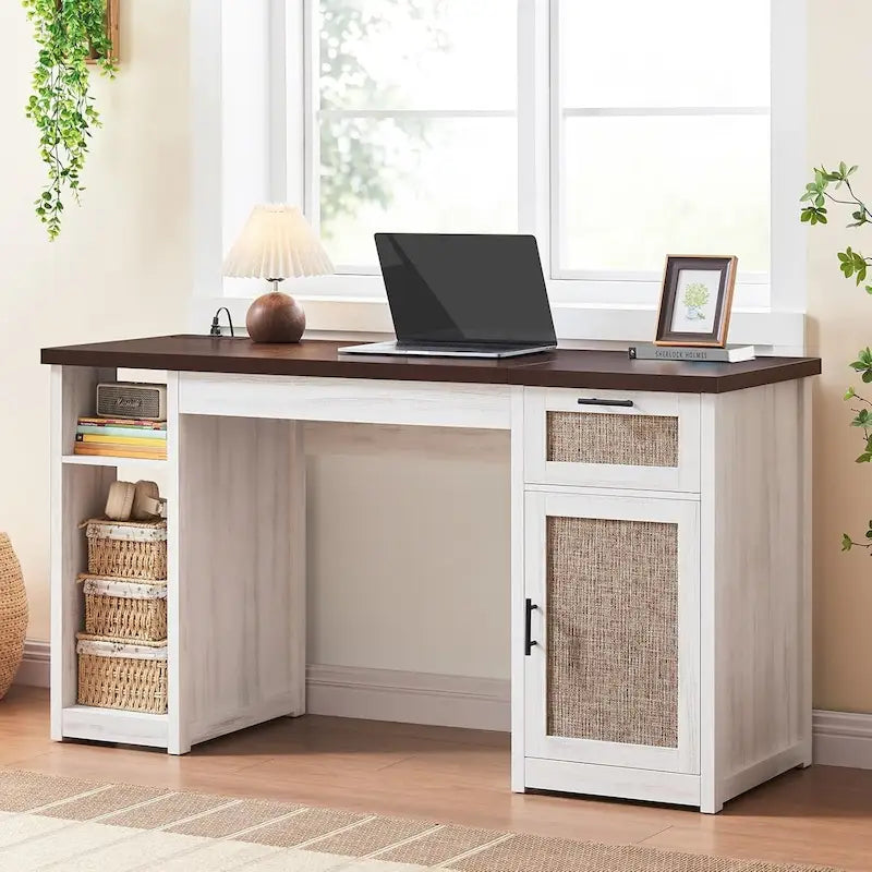 Bureau d'ordinateur de style campagnard avec armoire de rangement à tiroirs