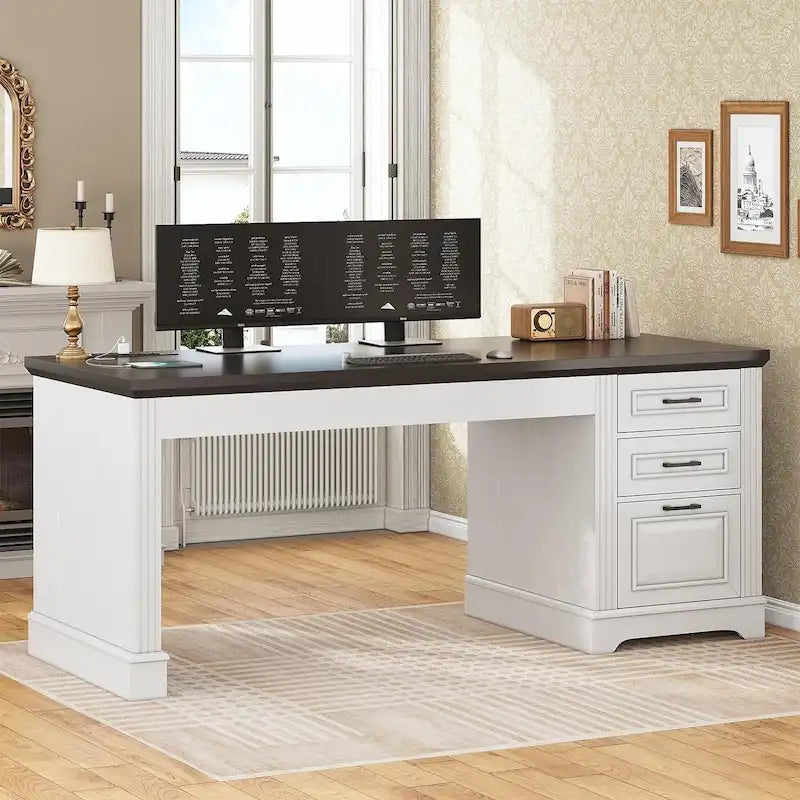 Bureau d'ordinateur de style campagnard avec armoire de rangement à tiroirs