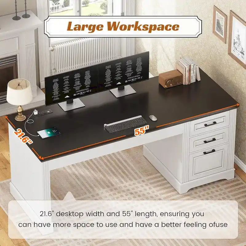 Bureau d'ordinateur de style campagnard avec armoire de rangement à tiroirs