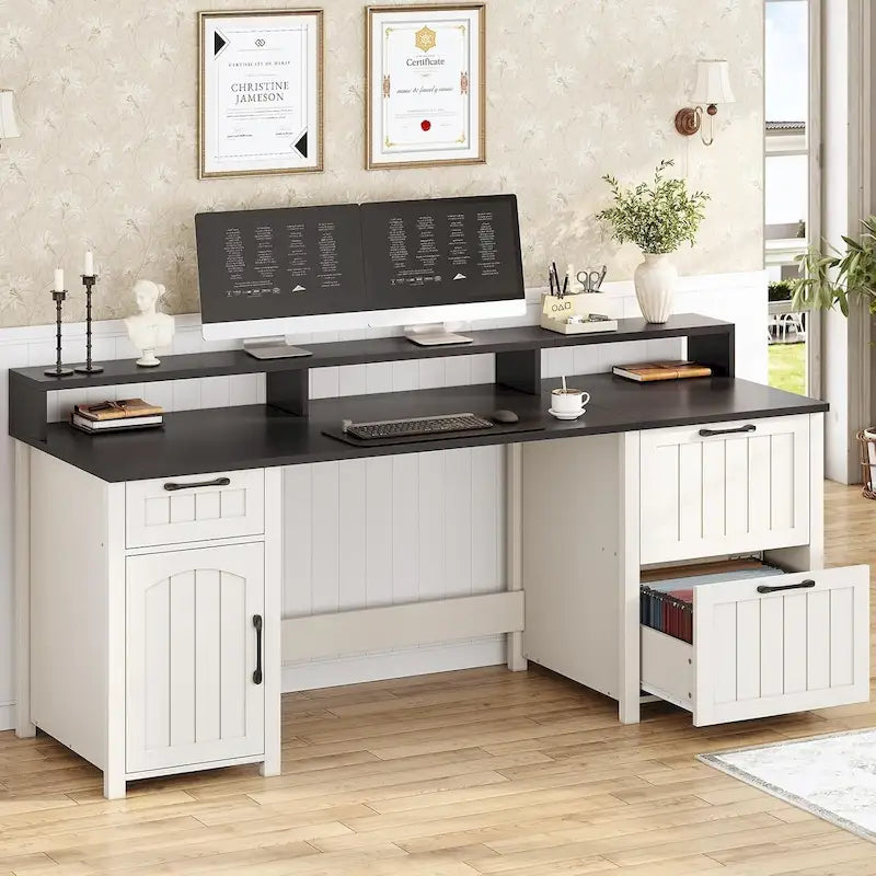 Bureau d'ordinateur de style campagnard avec armoire de rangement à tiroirs
