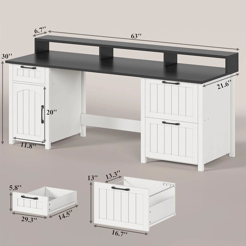 Bureau d'ordinateur de style campagnard avec armoire de rangement à tiroirs