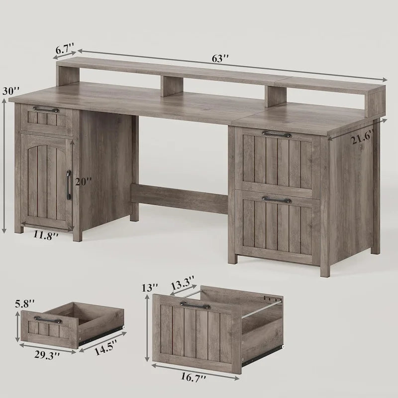Bureau d'ordinateur de style campagnard avec armoire de rangement à tiroirs