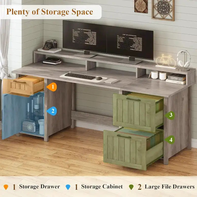 Bureau d'ordinateur de style campagnard avec armoire de rangement à tiroirs