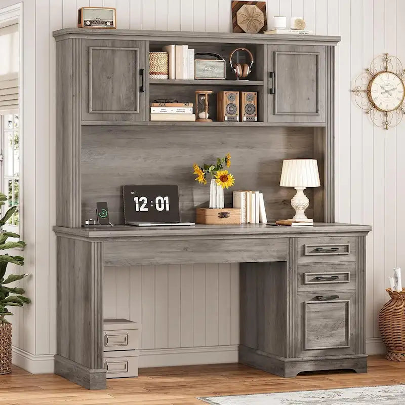 Bureau d'ordinateur de style campagnard avec armoire de rangement à tiroirs