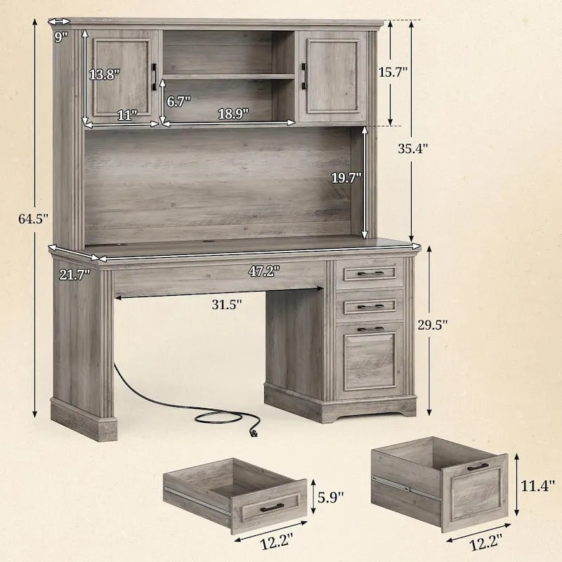 Bureau d'ordinateur de style campagnard avec armoire de rangement à tiroirs