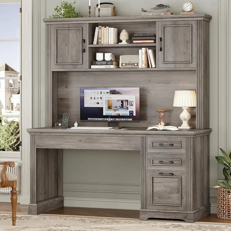 Bureau d'ordinateur de style campagnard avec armoire de rangement à tiroirs