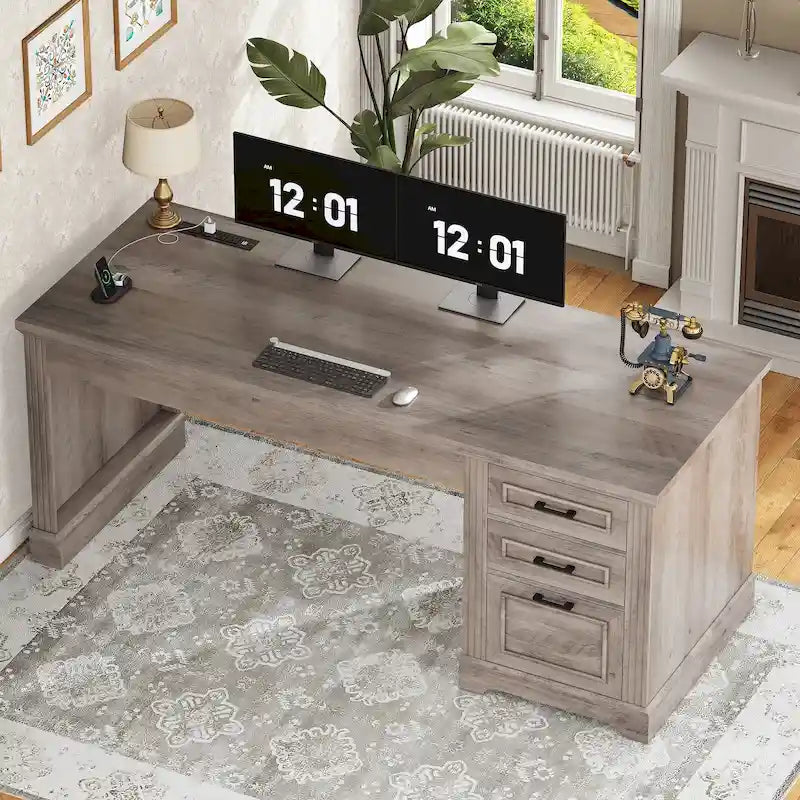 Bureau d'ordinateur de style campagnard avec armoire de rangement à tiroirs