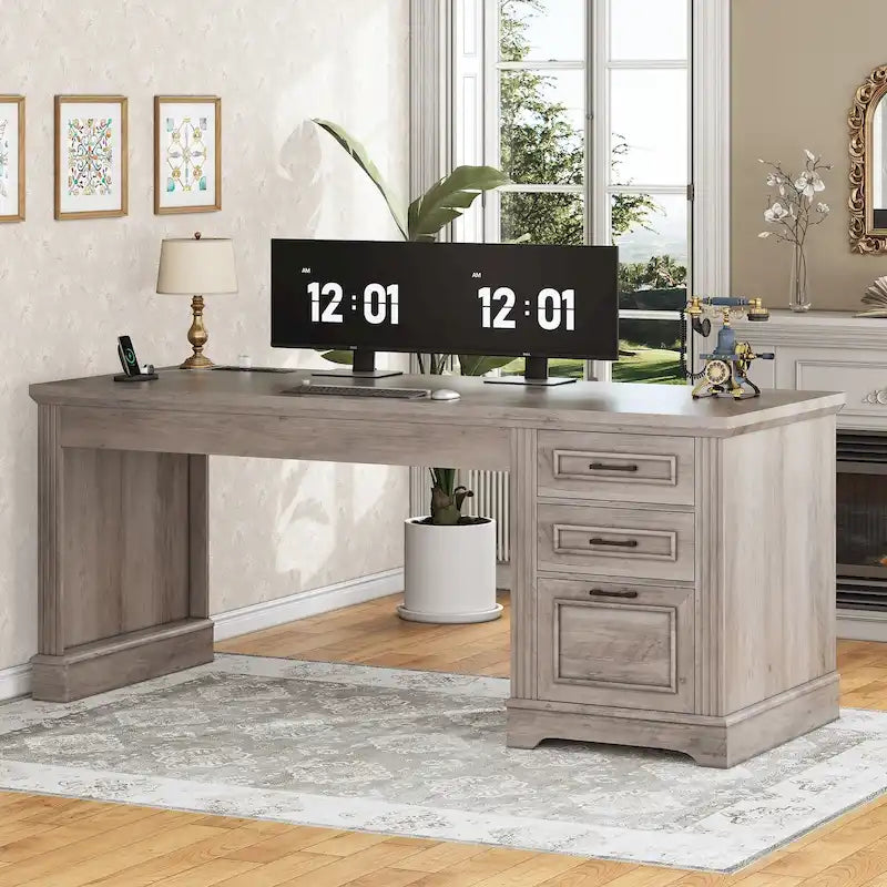 Bureau d'ordinateur de style campagnard avec armoire de rangement à tiroirs