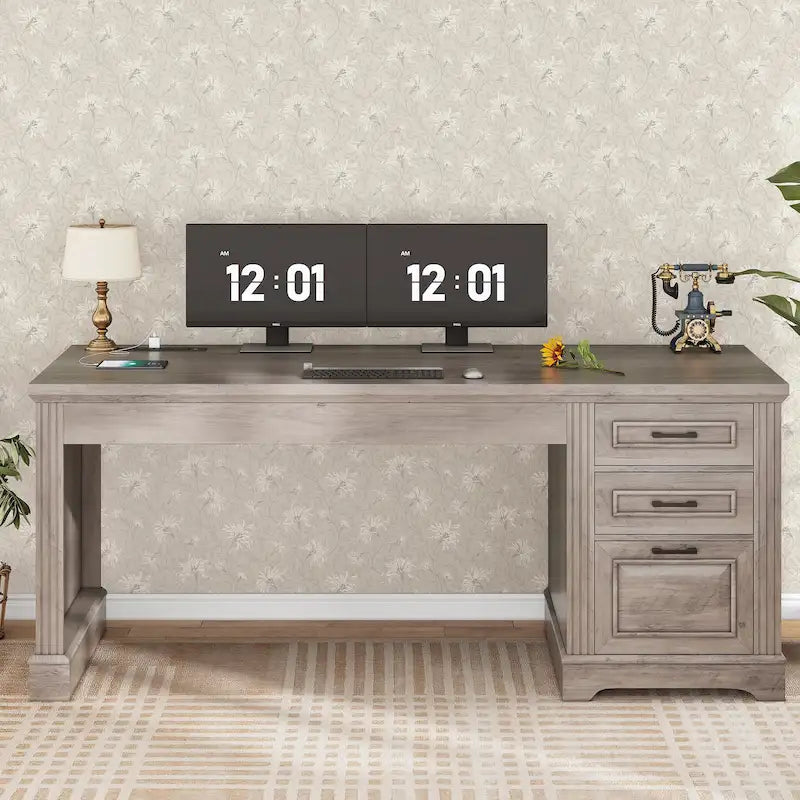 Bureau d'ordinateur de style campagnard avec armoire de rangement à tiroirs