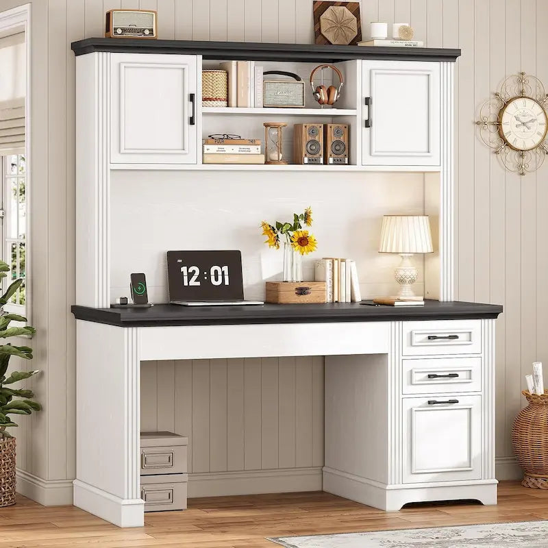 Bureau d'ordinateur de style campagnard avec armoire de rangement à tiroirs