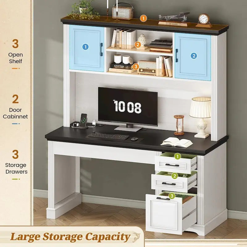 Bureau d'ordinateur de style campagnard avec armoire de rangement à tiroirs