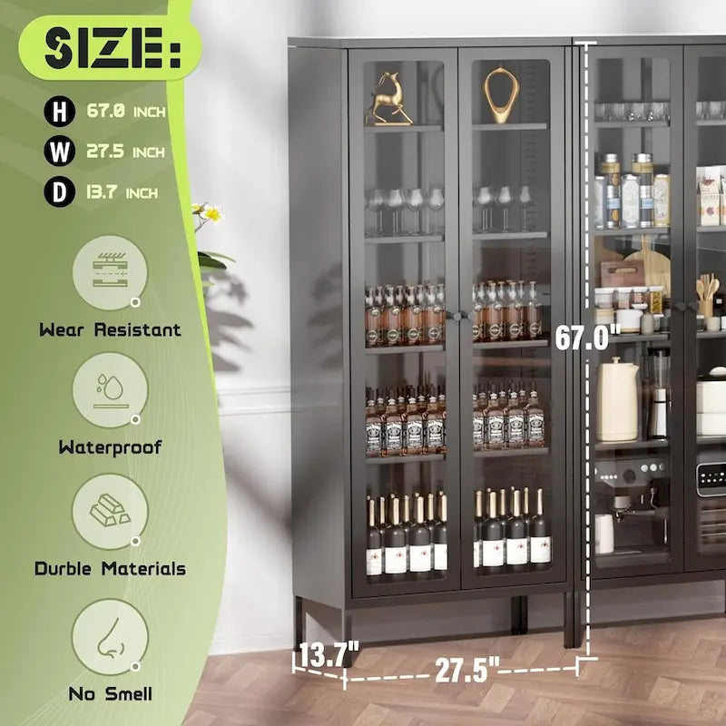 Vitrine vitrée de 67 pouces de haut avec portes en verre et 4 étagères réglables