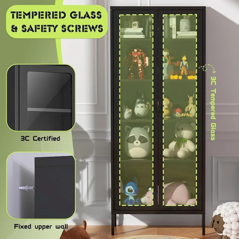 Vitrine vitrée de 67 pouces de haut avec portes en verre et 4 étagères réglables