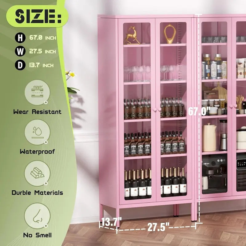 Vitrine vitrée de 67 pouces de haut avec portes en verre et 4 étagères réglables